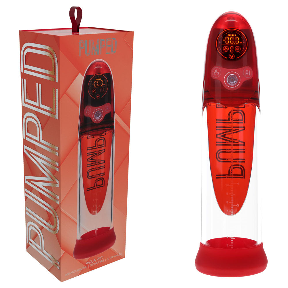 PUMPED Aqua-Pro Auto Pump - Red - Red/Clear USB Rechargeable AI-Enabled Submersible Auto Penis Pump Shots Toys